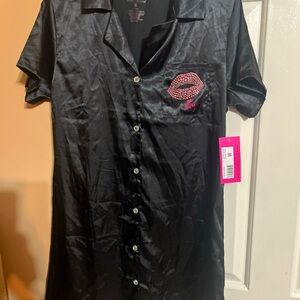 Betsy Johnson Black Satin Button-Down Nightshirt with Pink Rhinestone Lip Patch